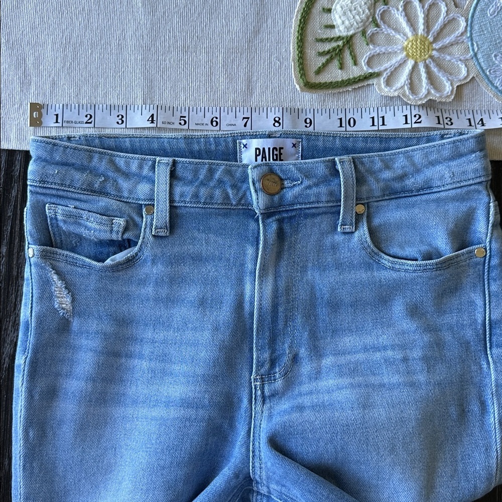 PAIGE Colette Anthropologie Blue Mid-Rise Raw Hem Denim Capri Jeans, Size 28 - Picture 8 of 14
